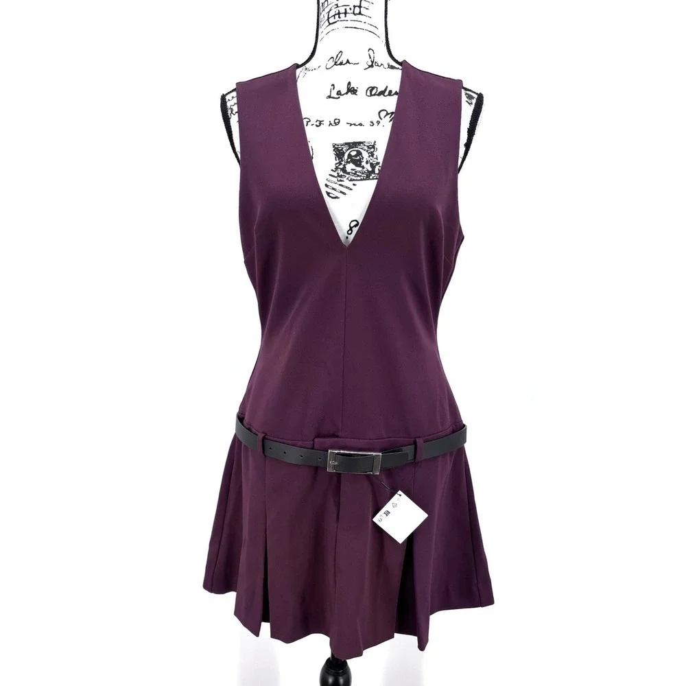 Zara Belted Box Pleat Mini Dress Size Large Burgundy Deep V Neck NWT